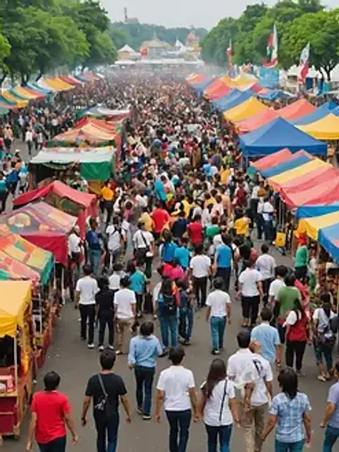 Eye-level view of a colorful local festival with booths and activities