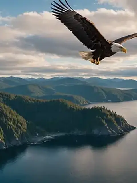 Wide angle view of eagles soaring over the Ketchikan coastline