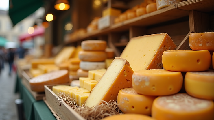 Close-up view of a charming market stall filled with fresh French cheeses