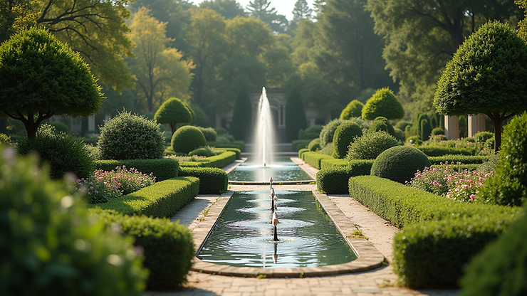 Wide angle view of Vizcaya Museum's beautiful gardens