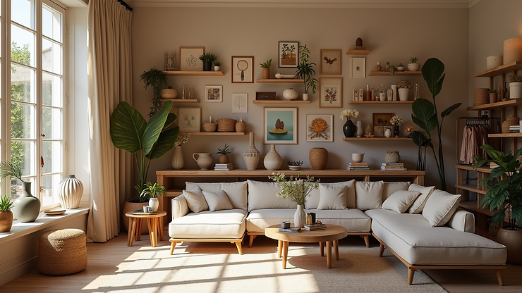 High angle view of Oia Treasures shop filled with decorative home items and art