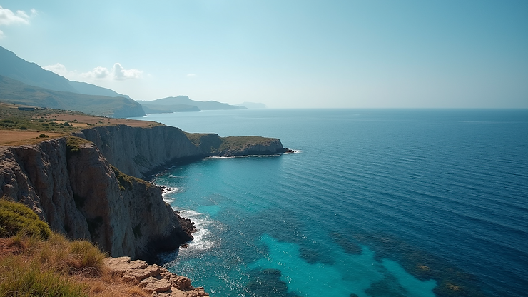 High angle view of the rugged coastline of Tragonisi Island