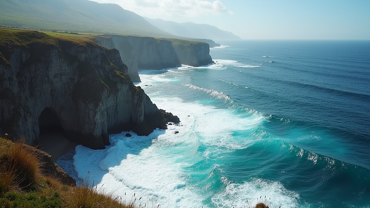 Wide angle view of the rocky cliffs and waves crashing at Kontias Coast