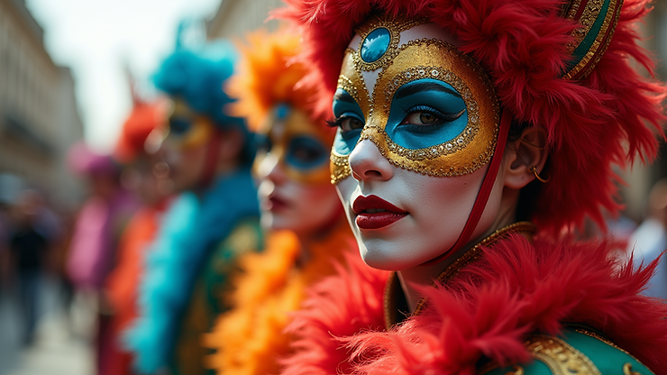 Eye-level view of colorful carnival costumes during the Carnival festival