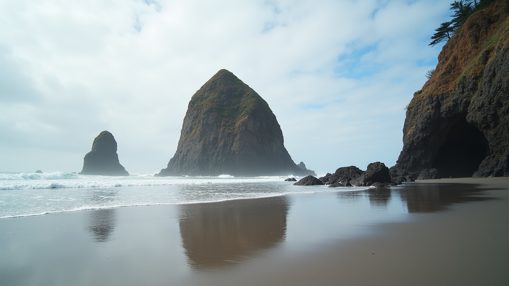 Panoramic view of Bandon Beach featuring unique rock formations