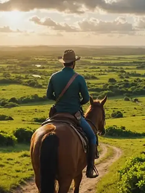 Eye-level view of a rider on horseback through the Aruban landscape