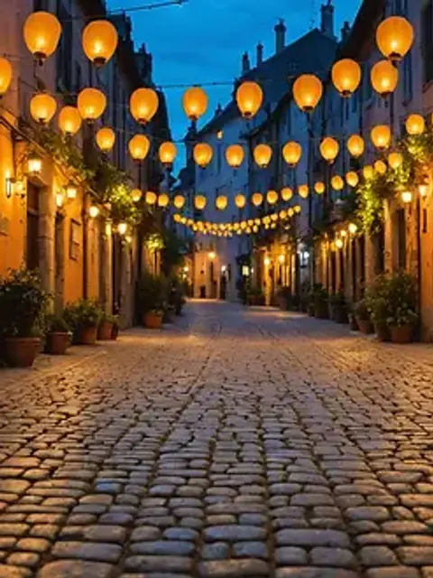 Eye-level view of a cobblestone street illuminated by lanterns