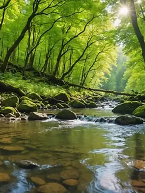 Eye-level view of a tranquil creek surrounded by lush forest