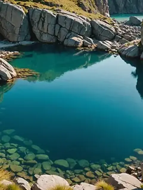 Eye-level view of a secluded natural pool surrounded by rocks