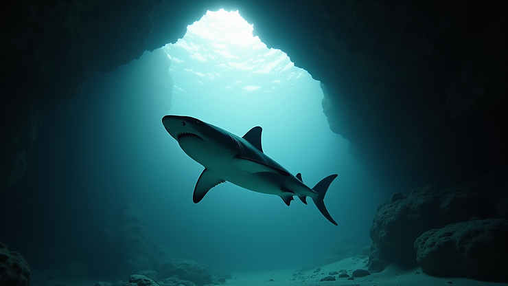 Close-up view of a shark swimming gracefully in a cave