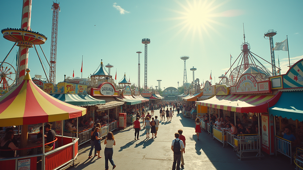 Wide angle view of Luna Park with colorful rides