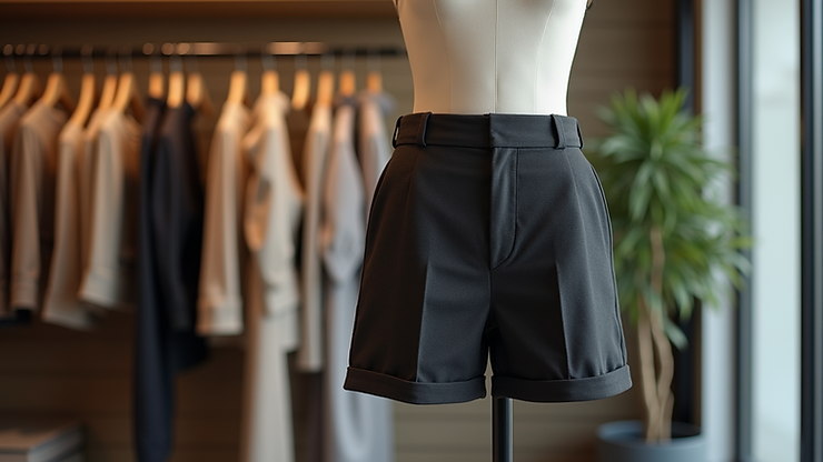 Eye-level view of tailored shorts displayed on a mannequin in a boutique