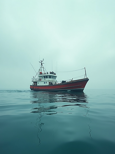 Wide angle view of a fishing boat on the open sea