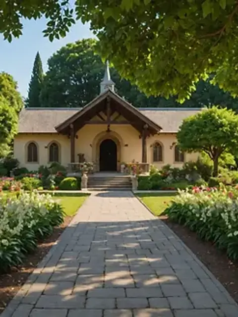 Eye-level view of the serene gardens surrounding the Shrine of St. Therese