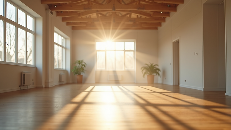 Eye-level view of a spacious yoga studio illuminated by natural light