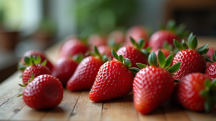 Eye-level view of fresh strawberries on a wooden table