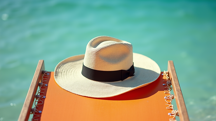 Eye-level view of a stylish wide-brimmed hat resting on a tropical deck chair