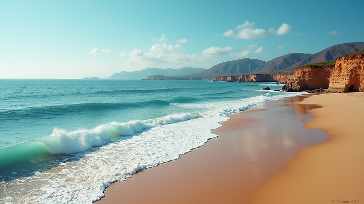 Wide angle view of Playa La Media Luna showcasing its crescent shape and soft waves