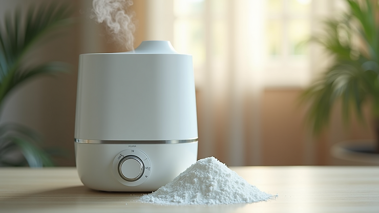 Eye-level view of a humidifier with baking soda placed beside it