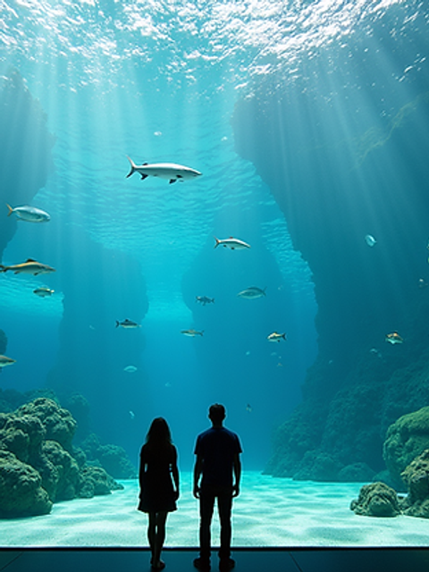 Eye-level view of a large aquarium tank filled with colorful fish