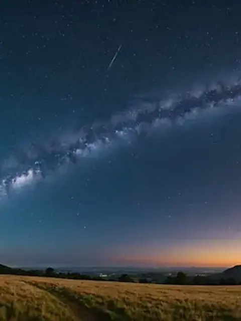 Wide angle view of a starlit sky over a tranquil landscape