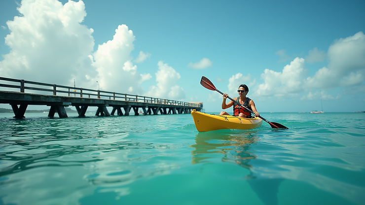 Eye-level view of Frederiksted Pier with kayaker paddling near the pier