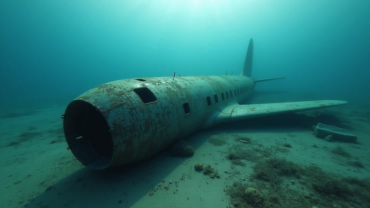 Wide angle view of WWII Aircraft Remains scattered on the seabed