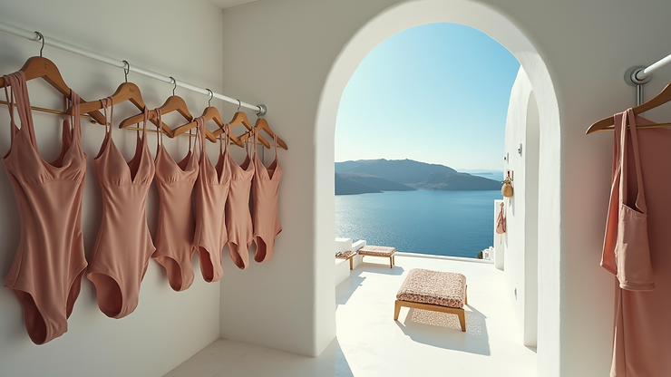 Wide angle view of Santorini Secret shop displaying elegant swimwear