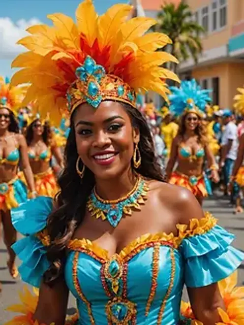 Wide angle view of participants in colorful costumes during the Aruba Carnival parade