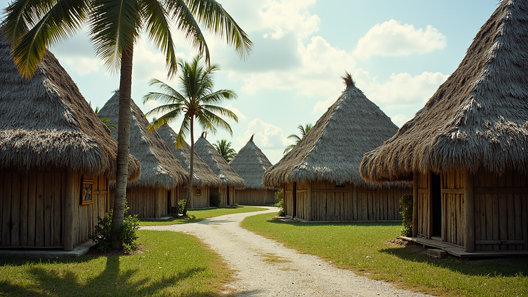 Wide angle view of a Seminole village