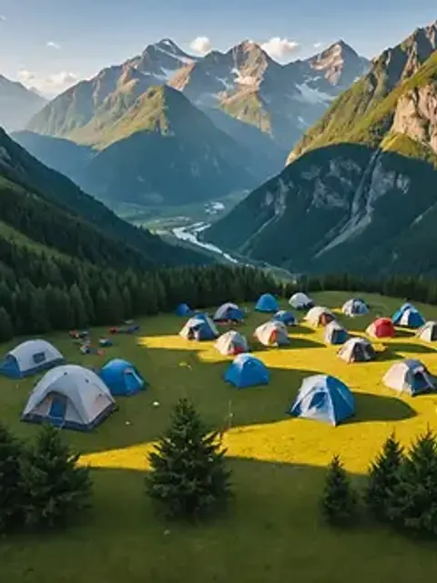 High angle view of a campsite nestled amidst towering mountains