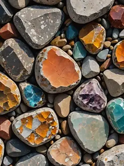 Eye-level view of unique rocks and minerals scattered across a rocky surface