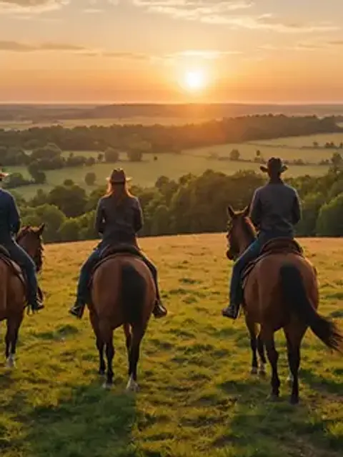 Wide angle view of horseback riders enjoying a sunset