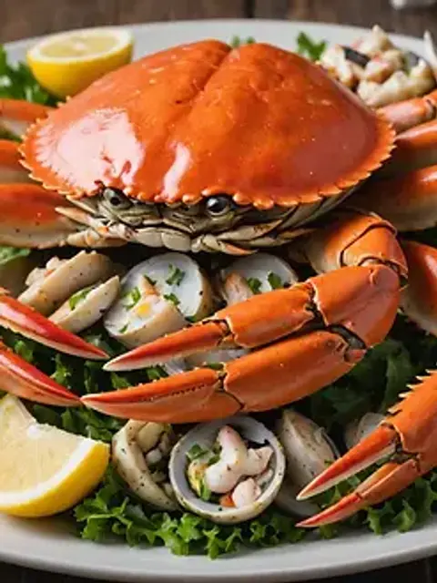 Close-up view of a delicious plate of Dungeness crab and fresh fish