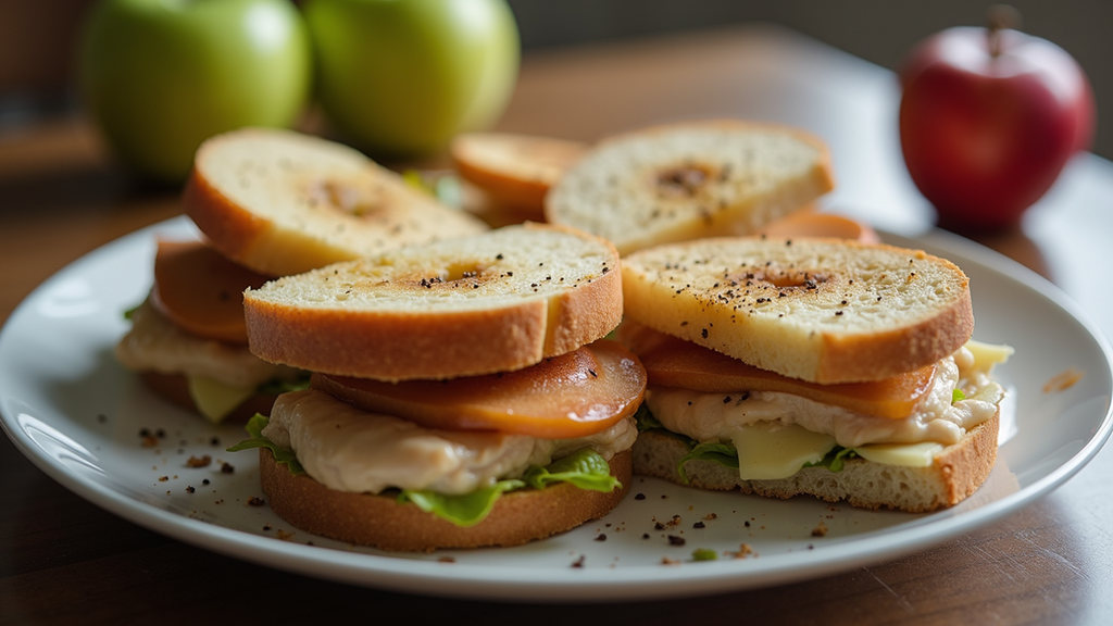 Close-up view of chicken and apple sandwiches sliced on a plate