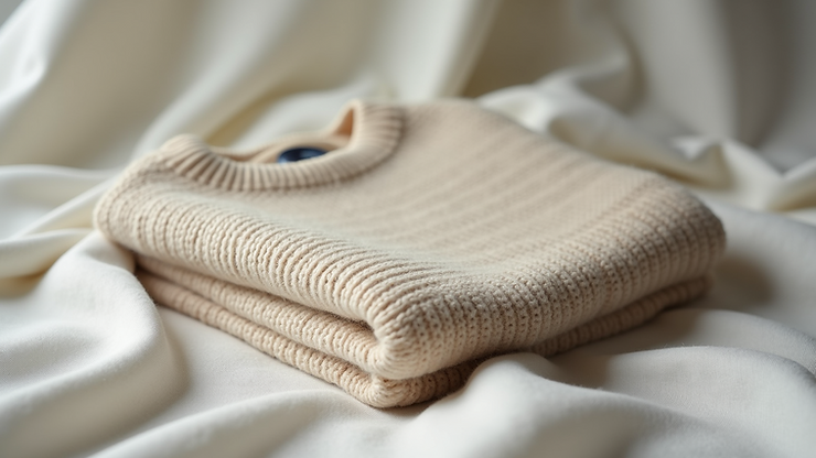 Close-up view of a light cashmere sweater folded on a soft fabric
