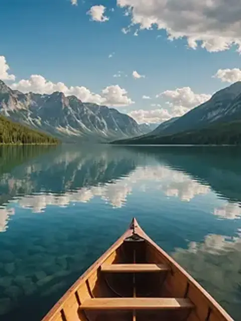 Eye-level view of a canoe drifting peacefully on a pristine lake