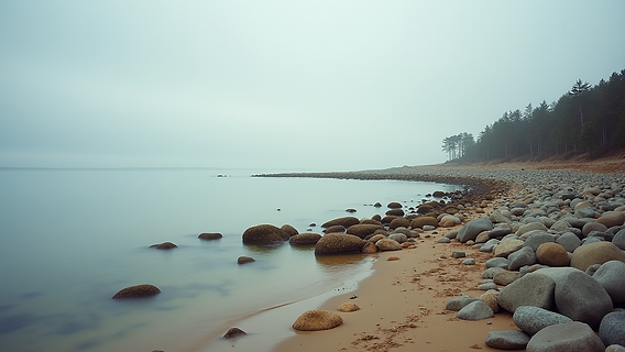 Wide angle view of Popham Beach with its rocky shoreline
