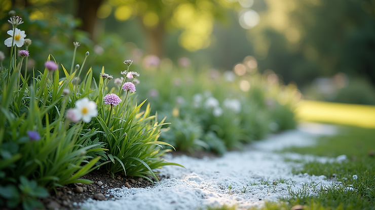High angle view of a garden with baby powder sprinkled around plants