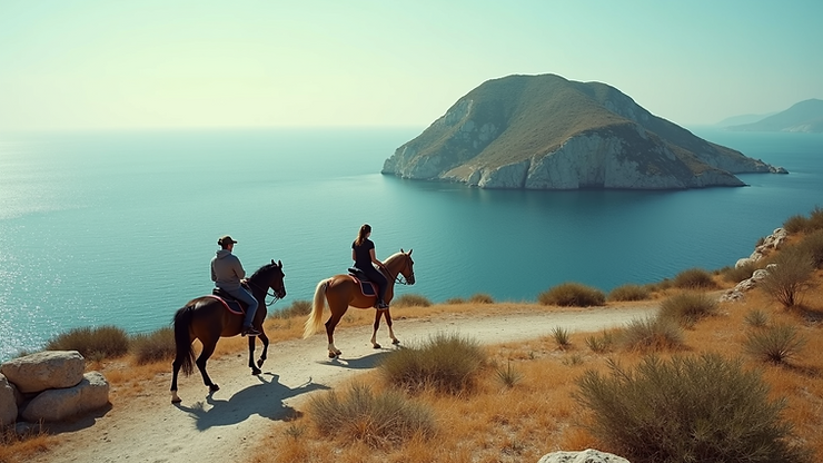 High angle view of riders near Skaros Rock with Aegean Sea in the background