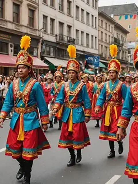 Eye-level view of a colorful parade showcasing local culture and traditions