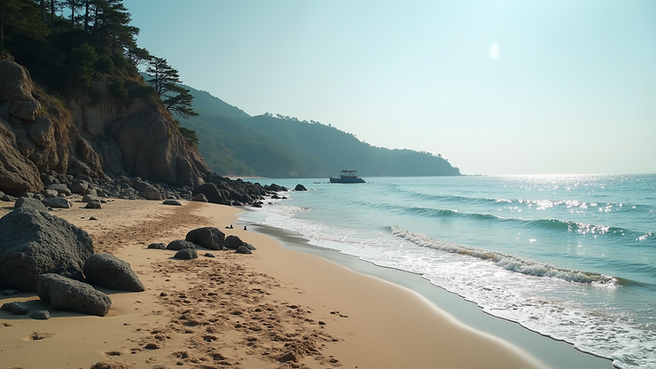 Eye-level view of Tarti Beach with rocky coastline