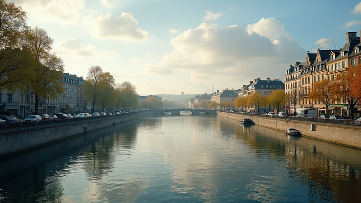High angle view of Quai de Valmy with reflections in the water