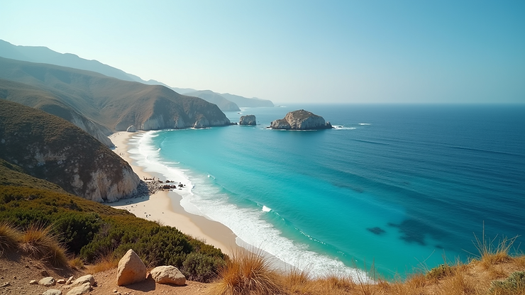 Wide-angle view of the stunning coastline at Faros Beach