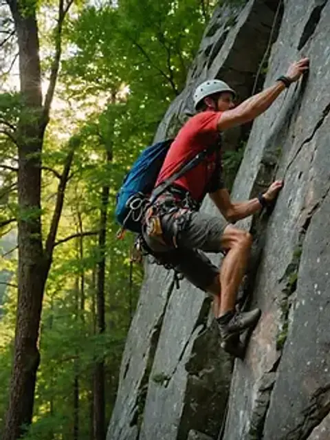 Close-up view of a rock climber scaling a natural rock face surrounded by towering trees