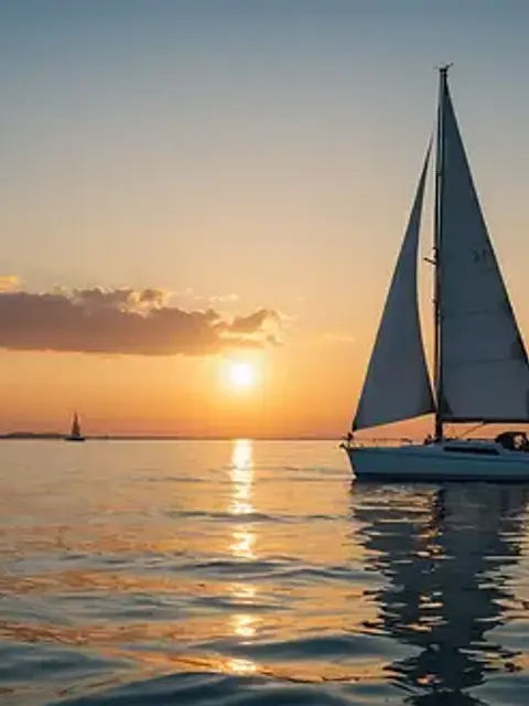 Eye-level view of a sailboat gliding over the calm waters during sunset