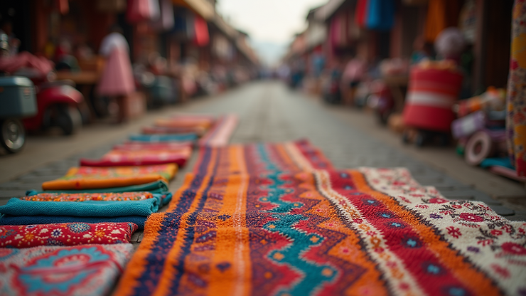 Close-up view of colorful handmade crafts and textiles in a market setting