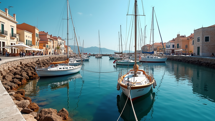 Eye-level view of the Old Port of Fira with boats anchored