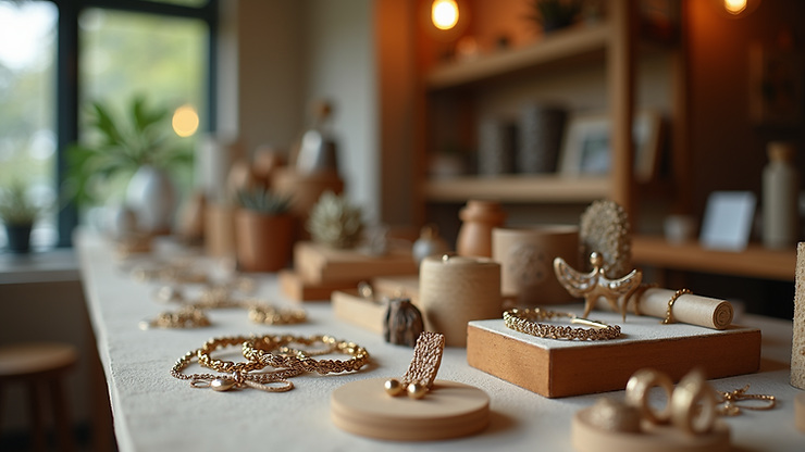 Close-up view of Solstice Store showcasing a collection of handmade jewelry