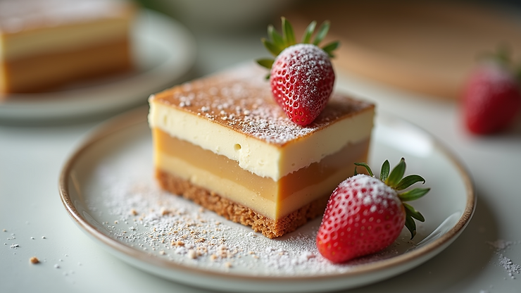 Eye-level view of a sugar-free dessert with a calorie count displayed
